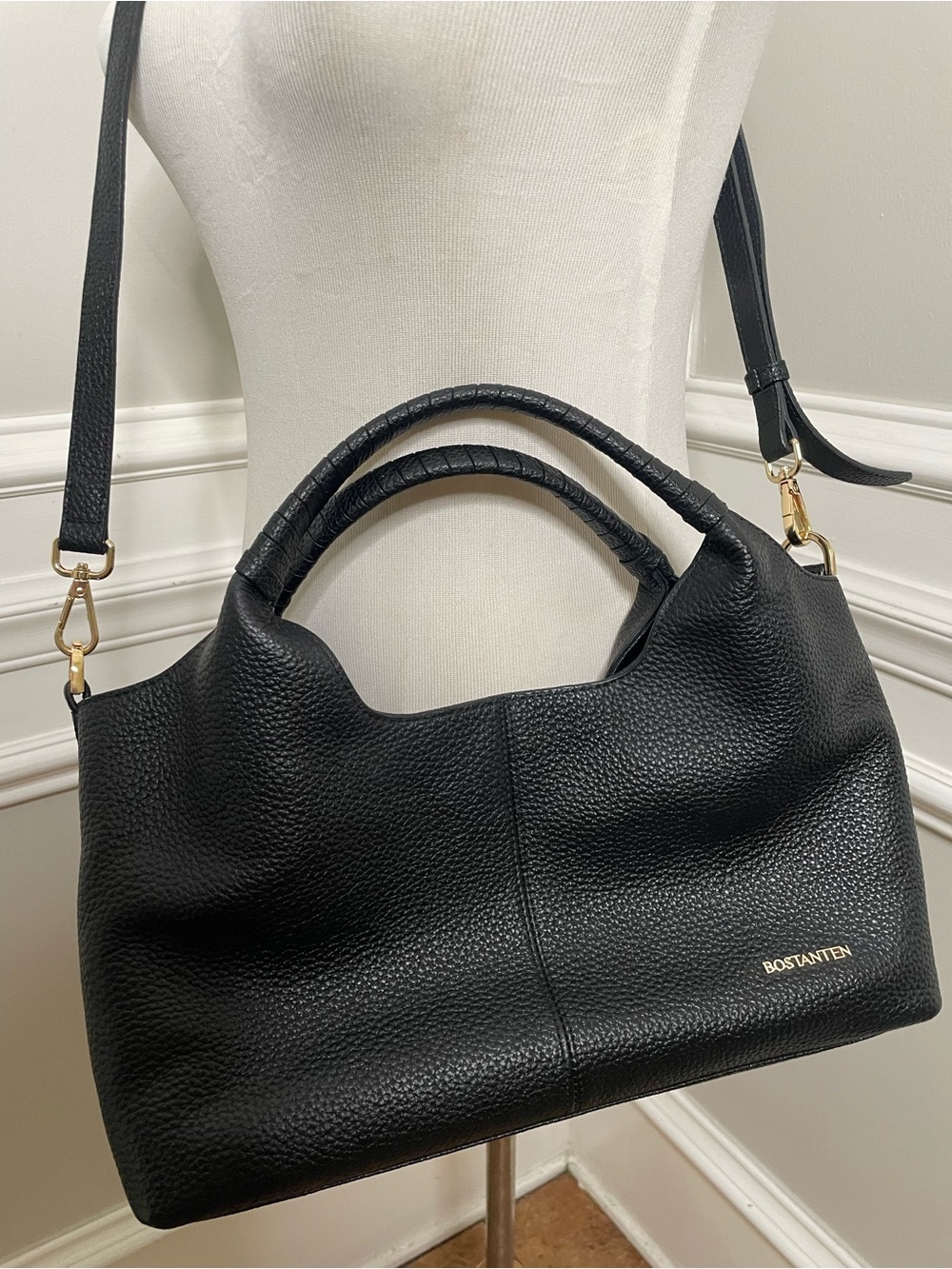 BOSTANTEN Black Pebbled Leather Shoulder Bag